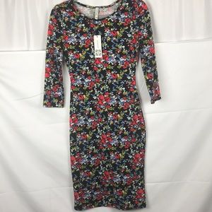 LESHOP Black red rose floral print midi dress womens small 3/4 sleeve stretch